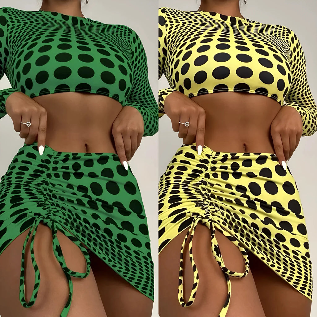 Women's polka dot swimsuit three-piece set in green and yellow with polyester fabric