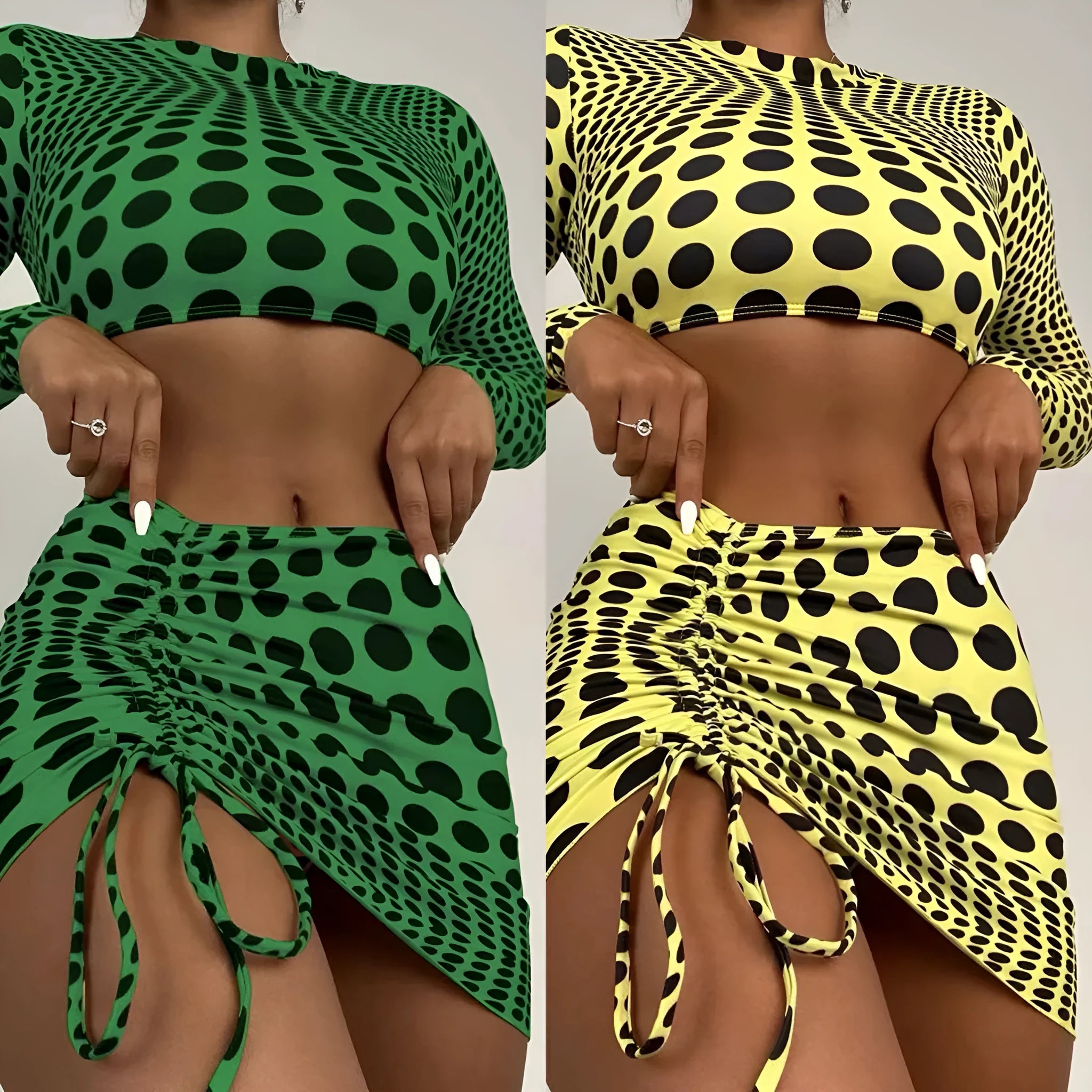 Women's polka dot swimsuit three-piece set in green and yellow with polyester fabric