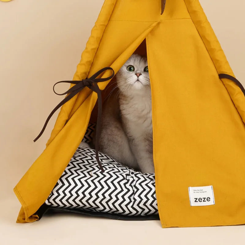 Sunset yellow cloth cat bed tent semi-enclosed with removable cover for washing, suitable for indoor cats