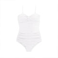 Black women's suspender-style one-piece swimsuit with high waist on a mannequin.