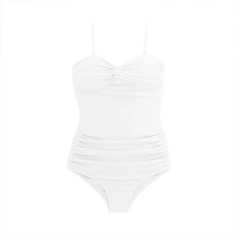 Black women's suspender-style one-piece swimsuit with high waist on a mannequin.