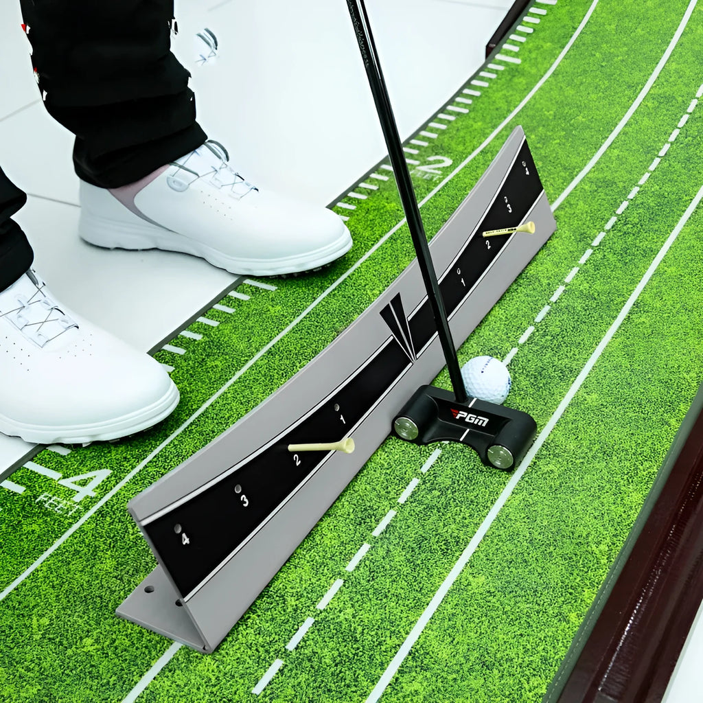 Golf putter trajectory balance simulator with adjustable push rod balancer on flat surface