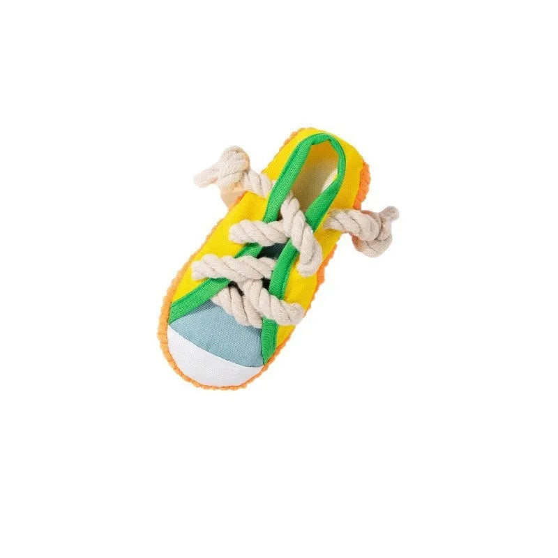 Dog sound slippers toy in rock yellow with bendable plastic body and sound feature for molar chewing