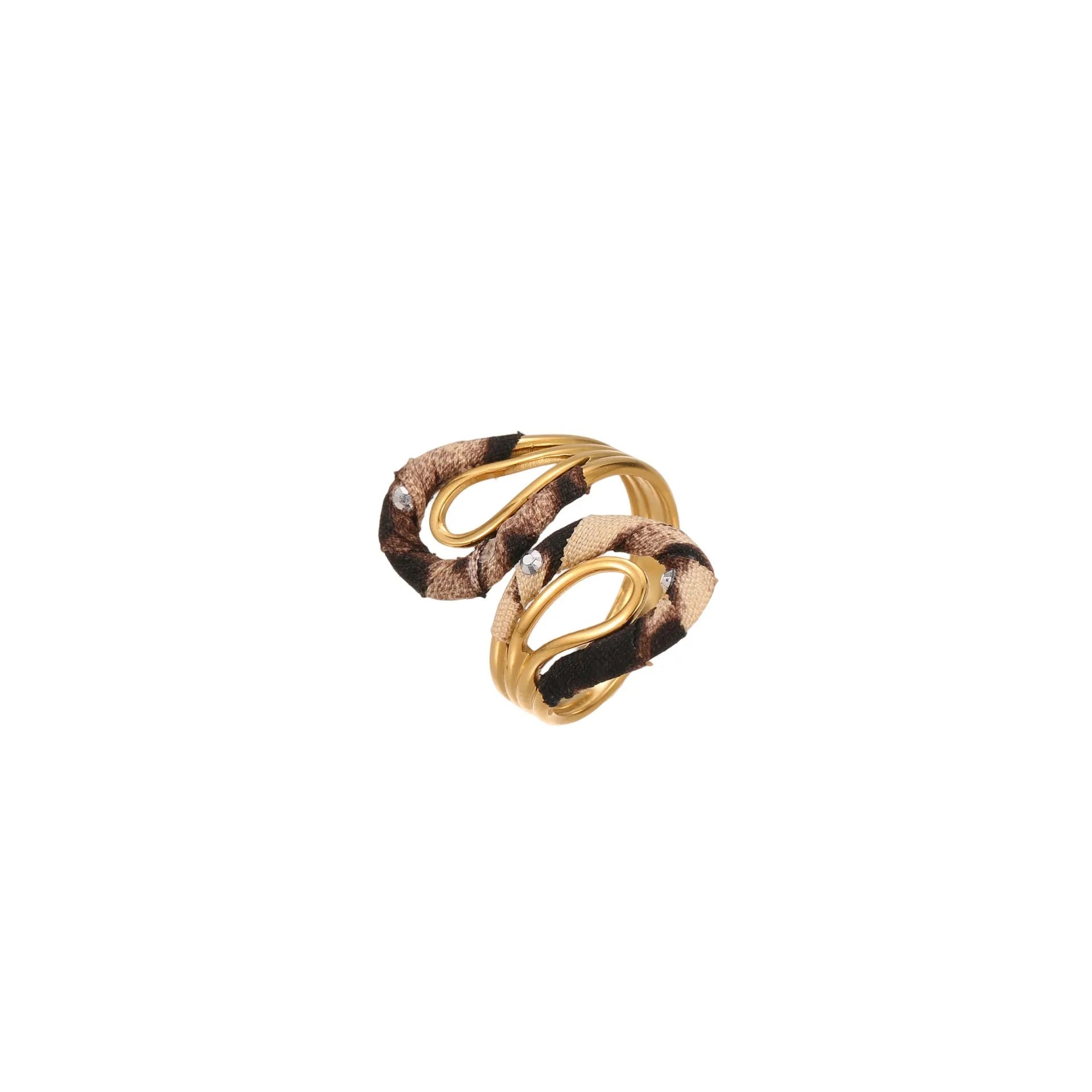 Leopard print stainless steel open mouth ring showing heart, star and geometric shapes.