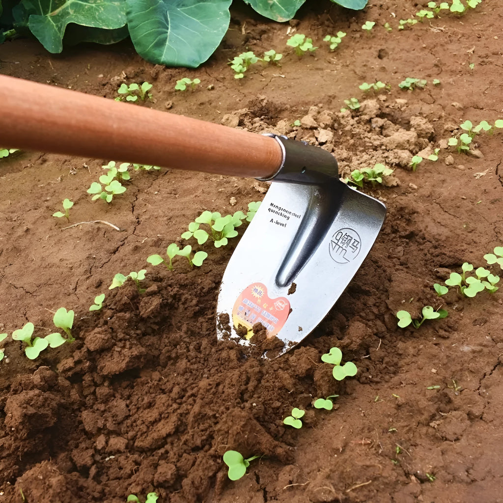 Agricultural pointed hoe with manganese steel construction and flat blade for soil work