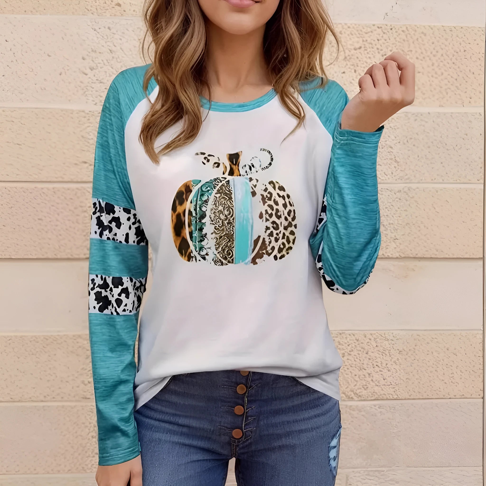 Halloween pumpkin 3D digital print sky blue casual T-shirt on white background