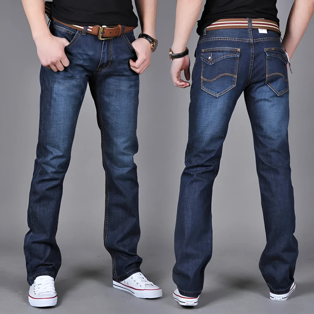 Men's straight slim jeans in dark blue with stackable leg, 35% cotton, water-washed finish, sizes 28-38