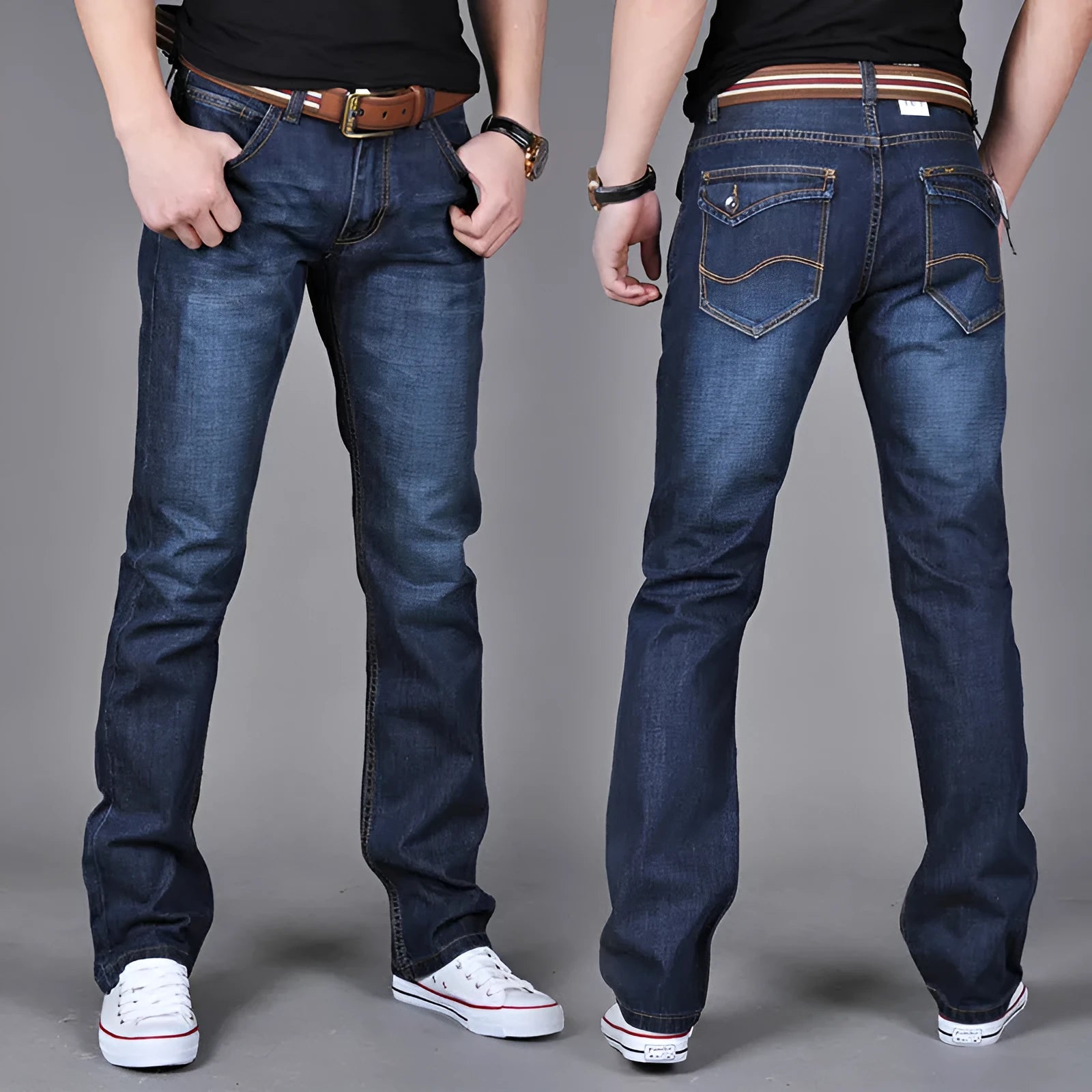 Men's straight slim jeans in dark blue with stackable leg, 35% cotton, water-washed finish, sizes 28-38