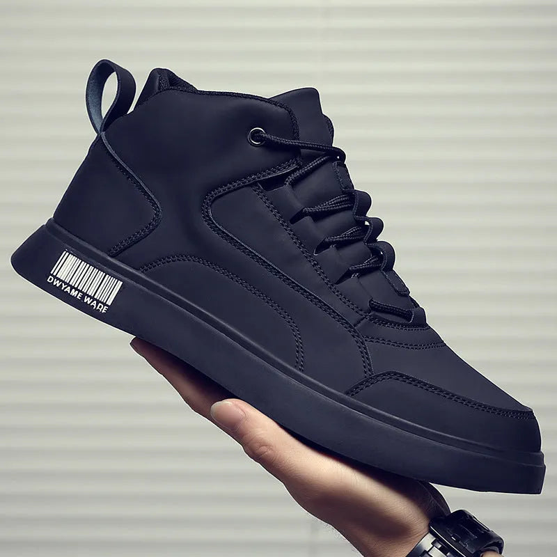 Men's white casual mid-top board shoes with round toe, lace-up front, and low-profile rubber sole.