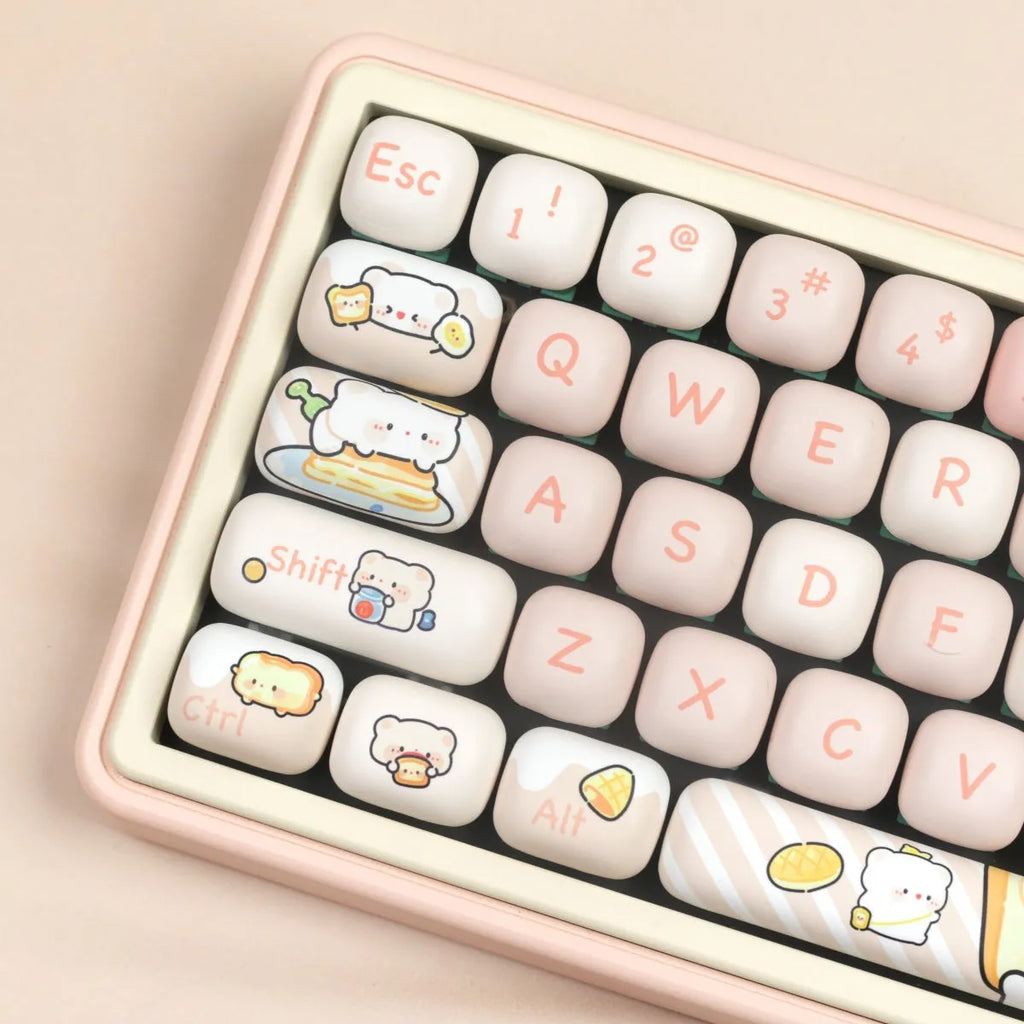 MOG Steamed Bread PBT key cap full set showing bread bear character designs on mechanical keyboard keys