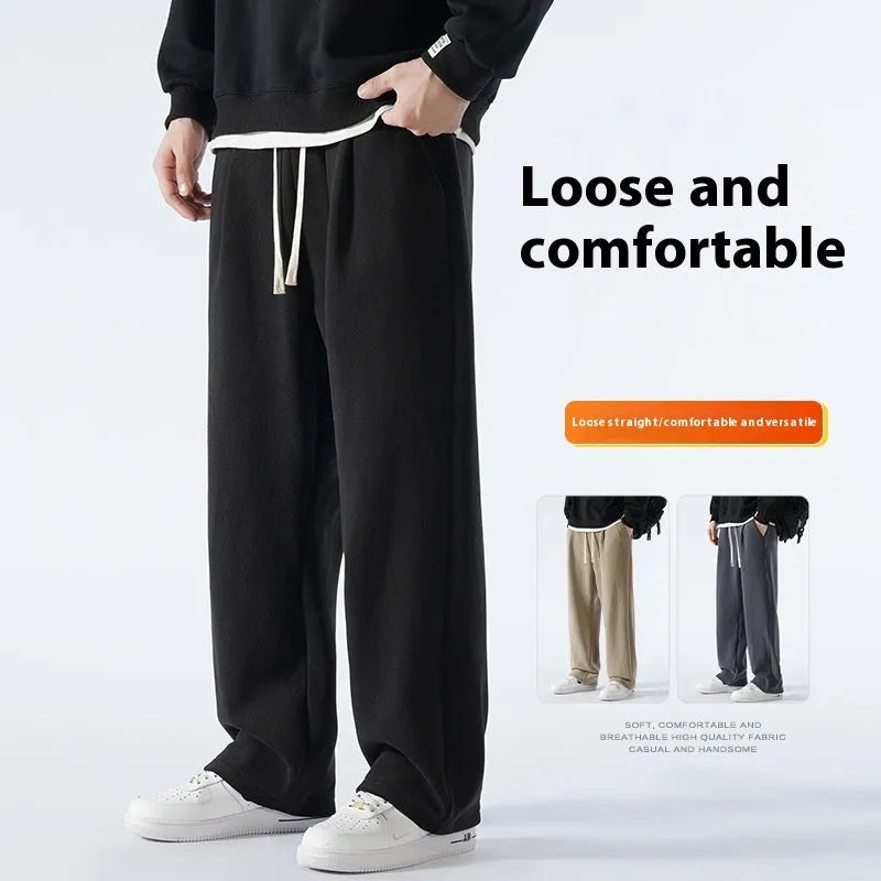 Men's fleece-lined winter casual trousers in apricot colour with drawstring waist and loose fit design