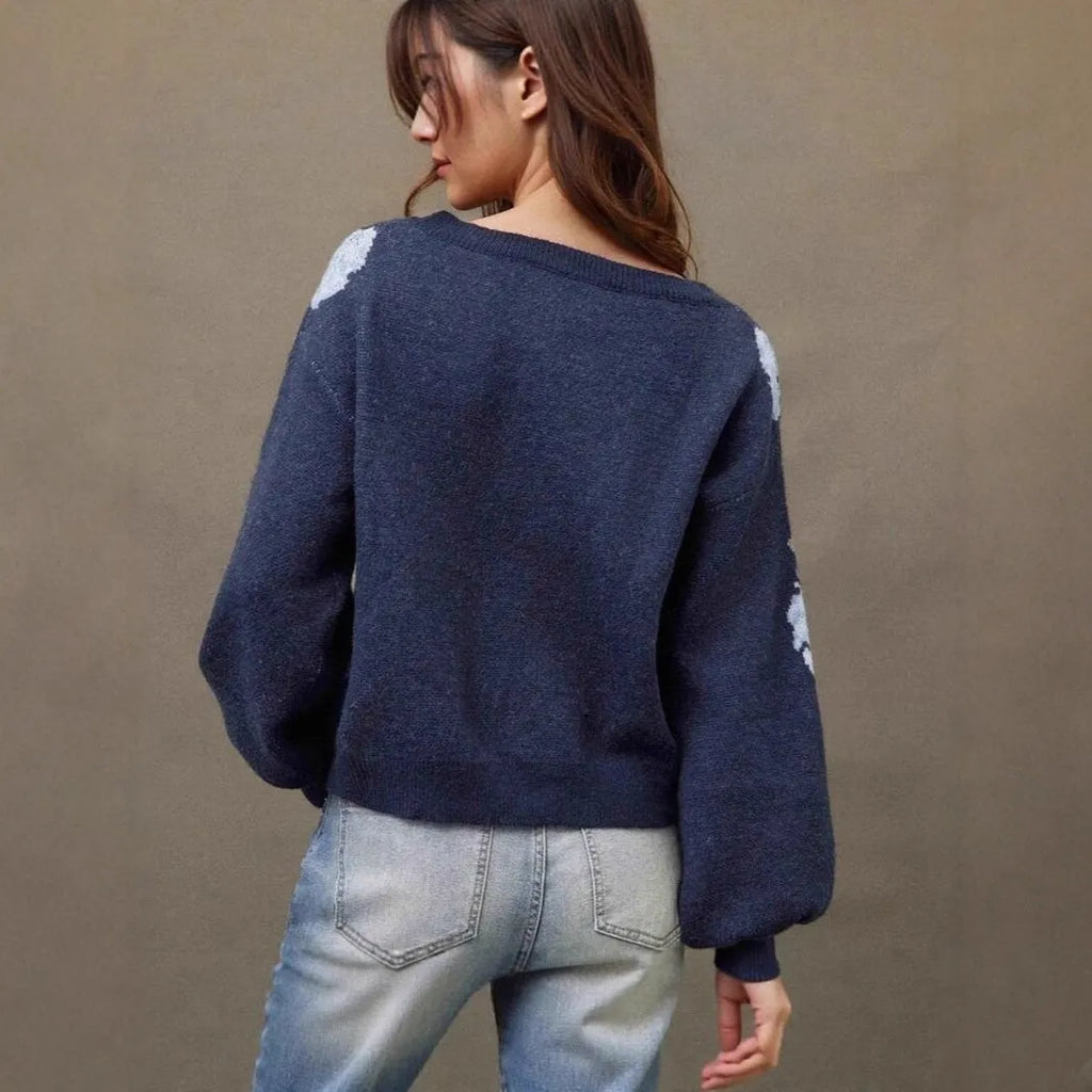 Sapphire blue women's pullover with flower jacquard pattern, loose casual fit with long sleeves