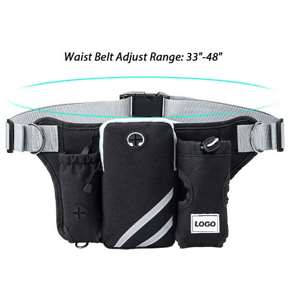 Black nylon outdoor pet training bag set with waist bag and dog walking leash