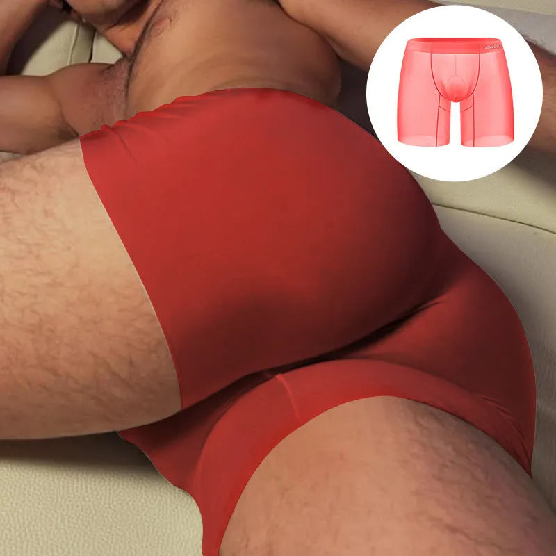Men's seamless boxer shorts in orange colour showing low waist design and quick-drying nylon fabric