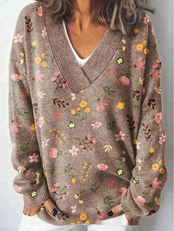 Women's floral print V-neck long sleeve sweatshirt with 3D pattern effect