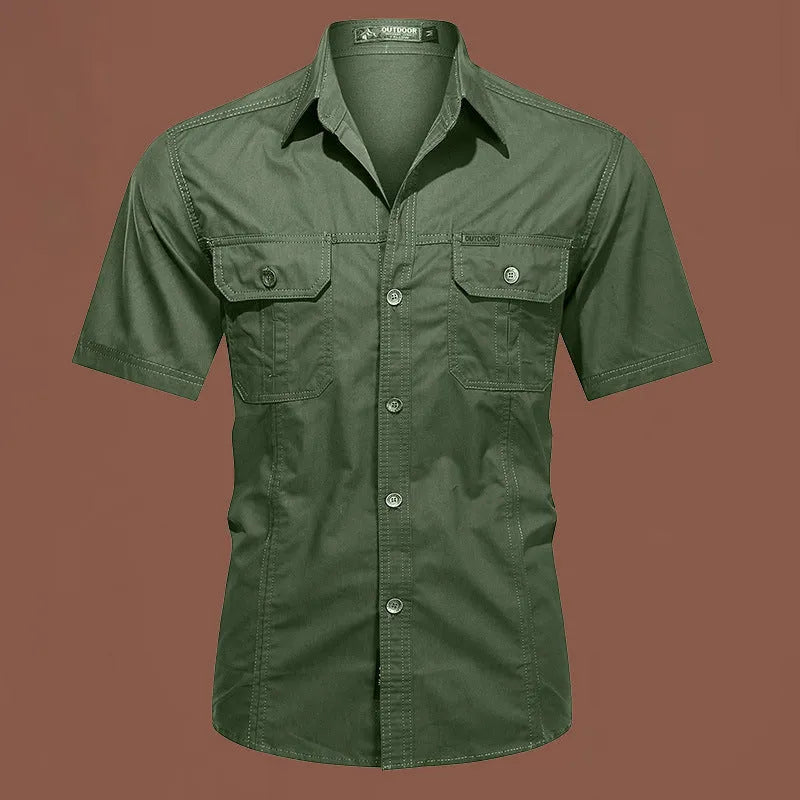 Men's short sleeve cotton work shirt in a loose cardigan style, shown in one of eight available colours.