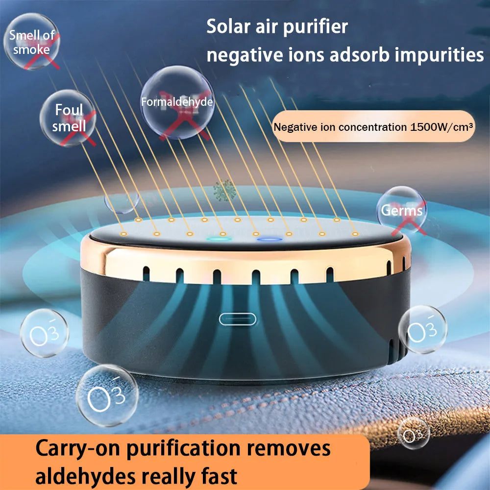 Black solar-powered car air humidifier mounted on a vehicle's air conditioning vent.