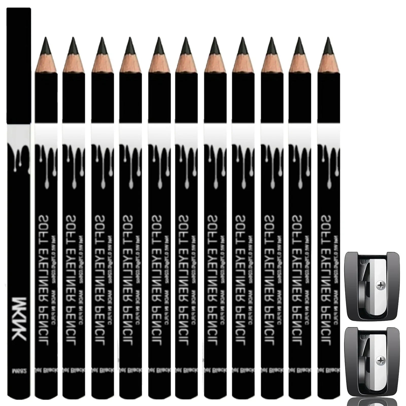 12 piece white and black retractable eyeliner pencil set with sharpener, waterproof and long-lasting