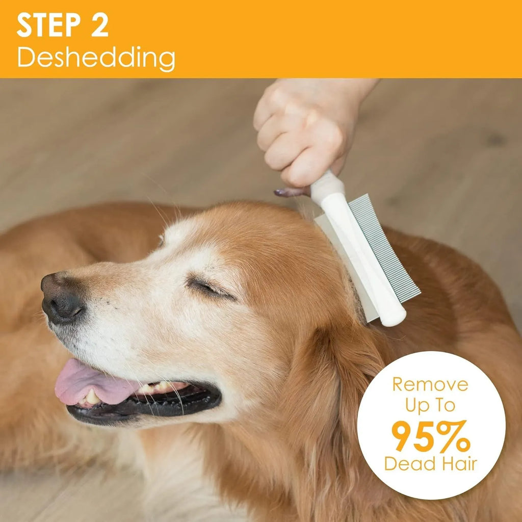 White double sided dog and cat deshedding brush with curved comb and ergonomic handle.