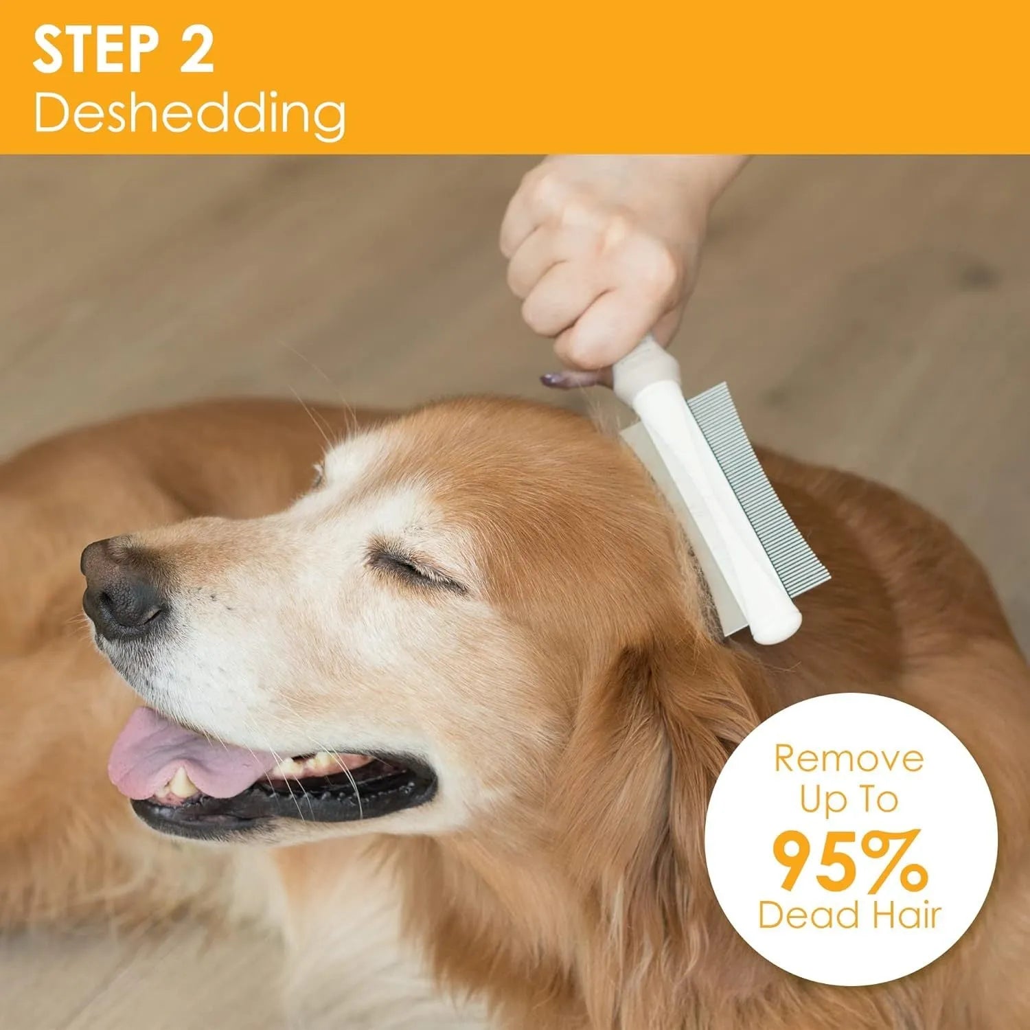 White double sided dog and cat deshedding brush with curved comb and ergonomic handle.