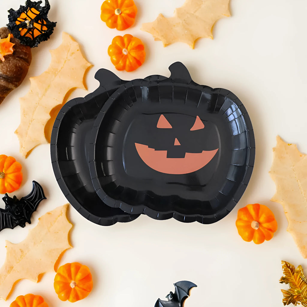 Thickened 9-inch black disposable paper plate with orange pumpkin Halloween design