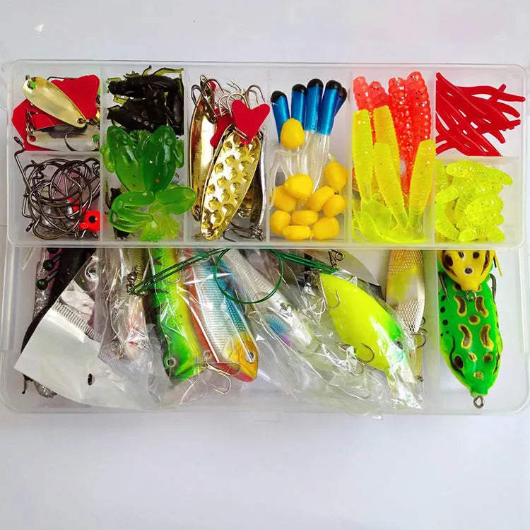 142-piece fishing lure kit featuring metal pliers, hard minnow lures, and sequin lures on a blue background.