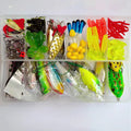 142-piece fishing lure kit featuring metal pliers, hard minnow lures, and sequin lures on a blue background.