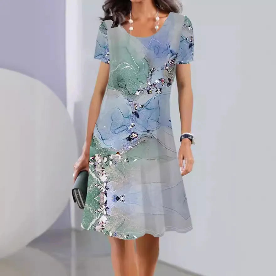 Women's floral print mid-length summer dress with short sleeves and round neck in ice silk fabric