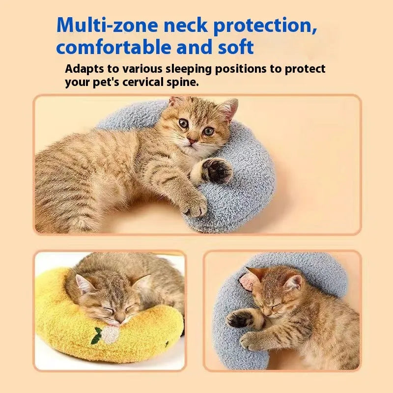 Pet sleeping mat with U-shaped pillow in moon or question mark design for cat neck protection