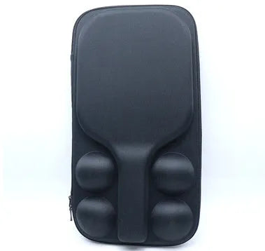 Black pickleball shoulder storage bag with double straps showing one paddle and four balls inside.