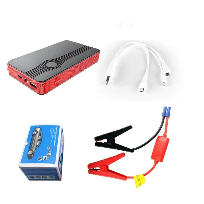 Red K4-E automobile emergency starting power supply unit with display, shown next to its included data cable.