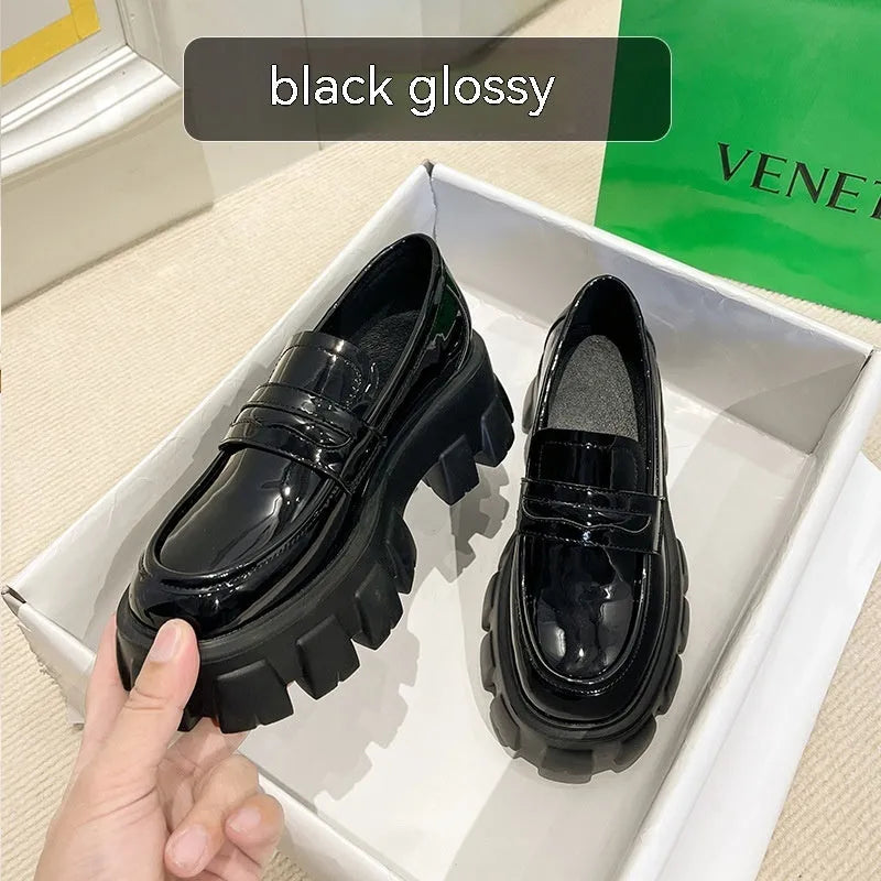 British style wide fat foot loafers in matte or patent leather with muffin base heels
