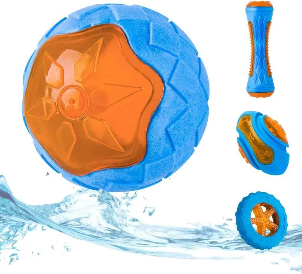 Set of four colourful floating dog toys: a ball, a barbell, and two tyres on a blue background.