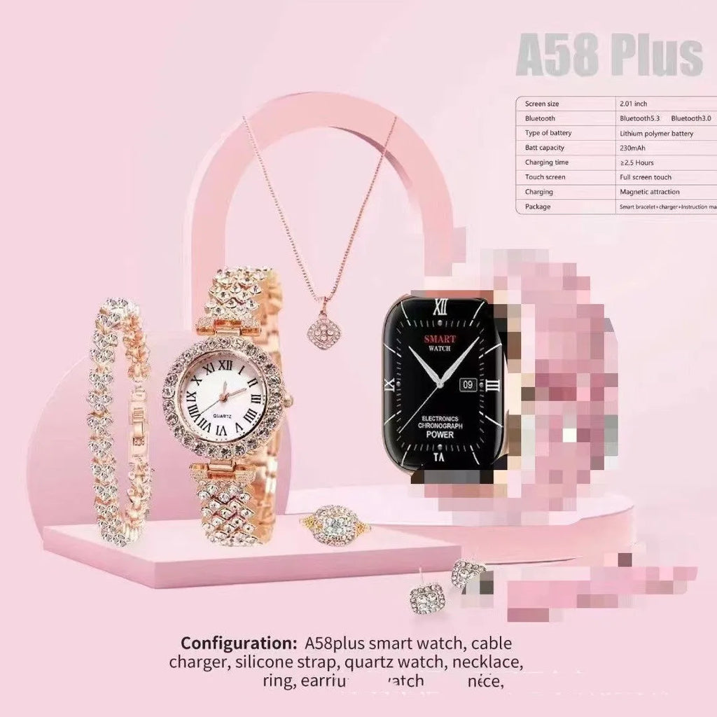 A58plus smart watch in black on a wrist, showing a TFT screen displaying time and notifications.