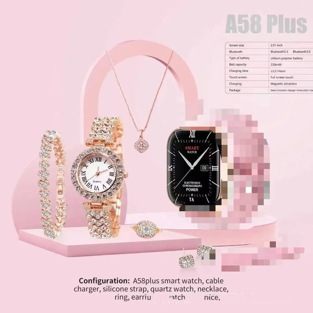 A58plus smart watch in black on a wrist, showing a TFT screen displaying time and notifications.