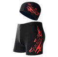 Men's plus size patterned swim trunks with fire graphics in blue or red on black background