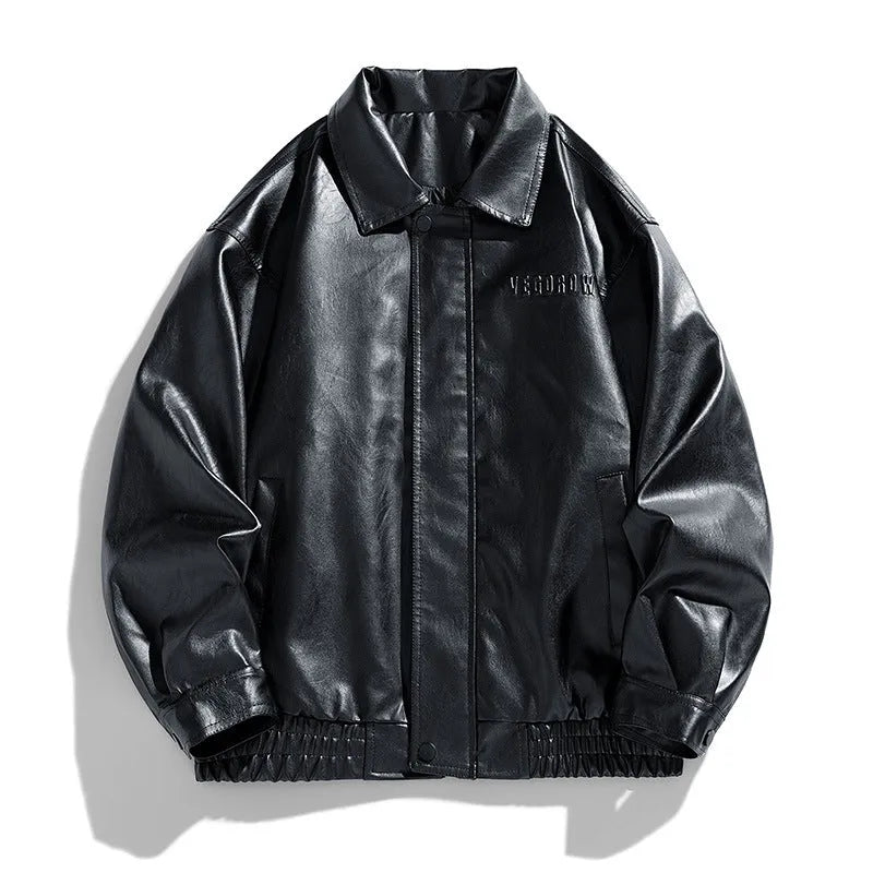 Men's retro motorcycle PU leather jacket with loose lapel, slim fit, in black colour with corduroy details