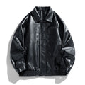 Men's retro motorcycle PU leather jacket with loose lapel, slim fit, in black colour with corduroy details