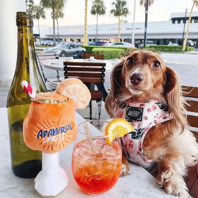 Yellow wine glass shaped plush dog chew toy with squeaker for dental cleaning
