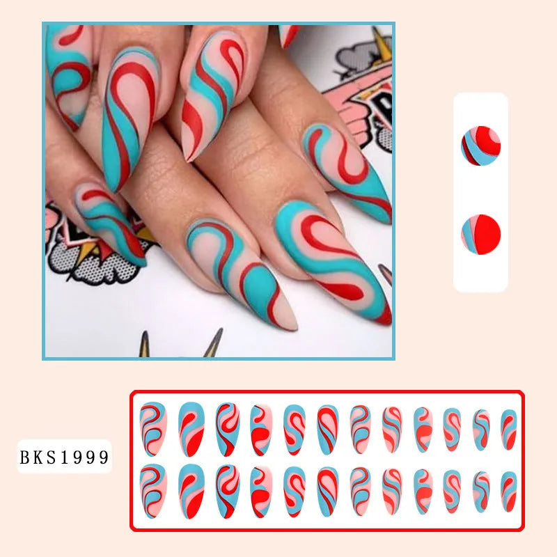 Plaid pattern almond-shaped rainbow nail stickers set in French colour ripple design with European square style