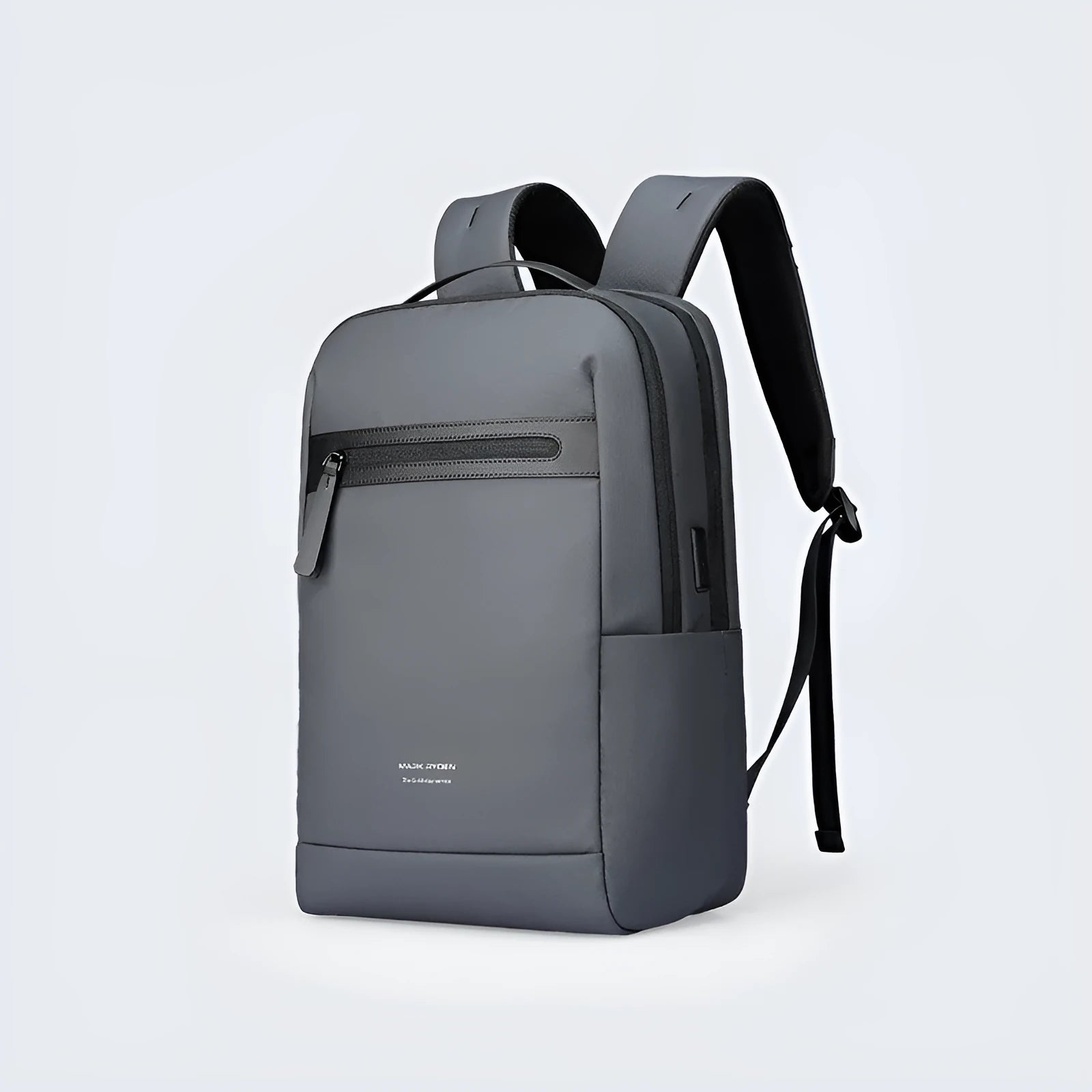 Graphite grey Oxford cloth business backpack featuring an external USB charging port on the shoulder strap.