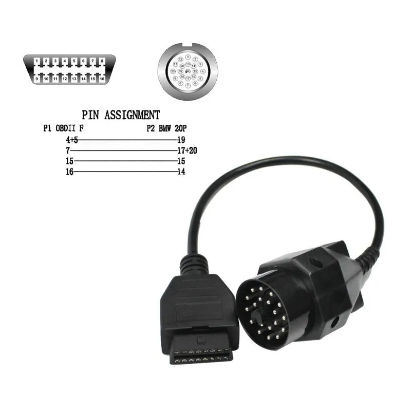 BMW OBD2 20-pin to 16-pin diagnostic cable adapter for vehicle scanner compatibility