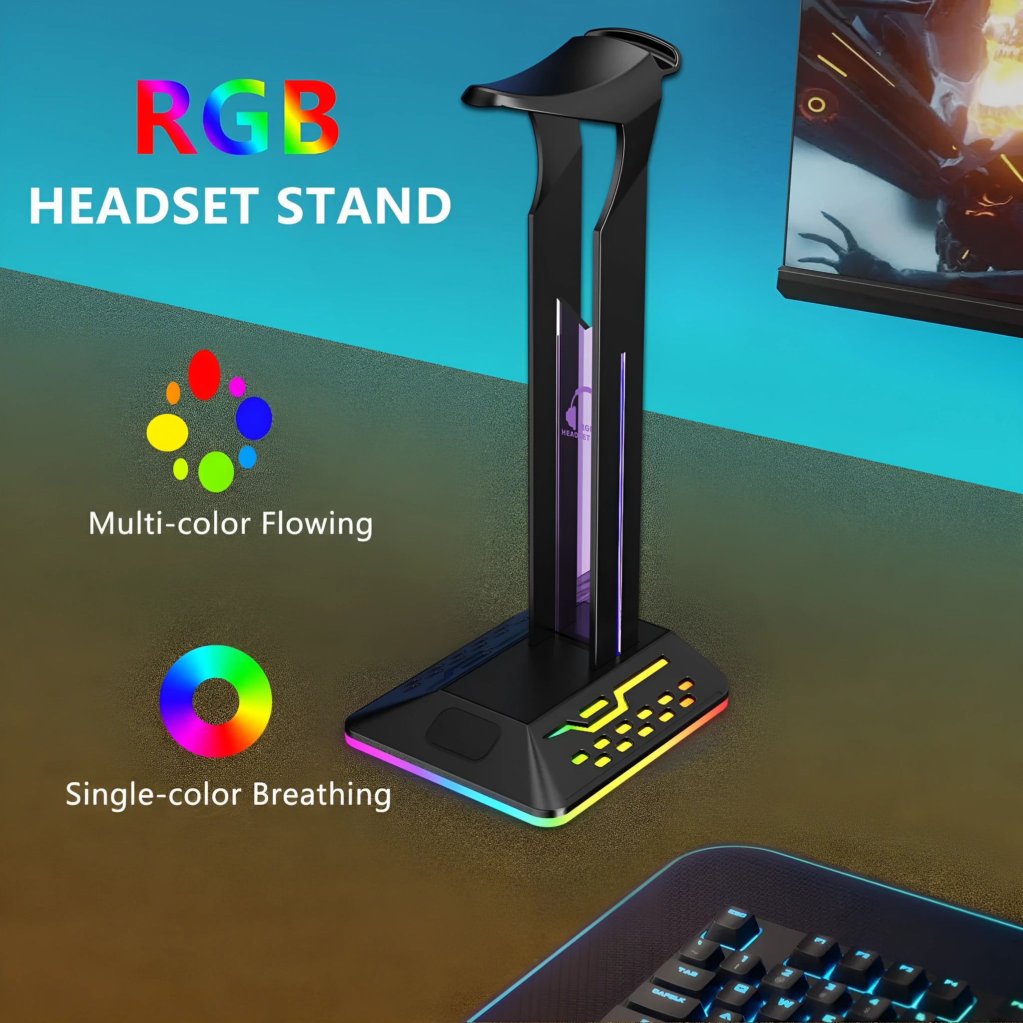 RGB headphone display stand with dual USB ports and colour changing lights on a desk