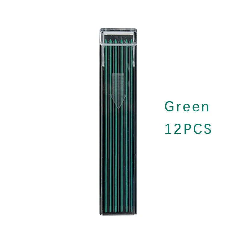Box containing 12 coloured mechanical pencil lead refills for drawing, including black, blue, green, orange, purple, red, white, and yellow.