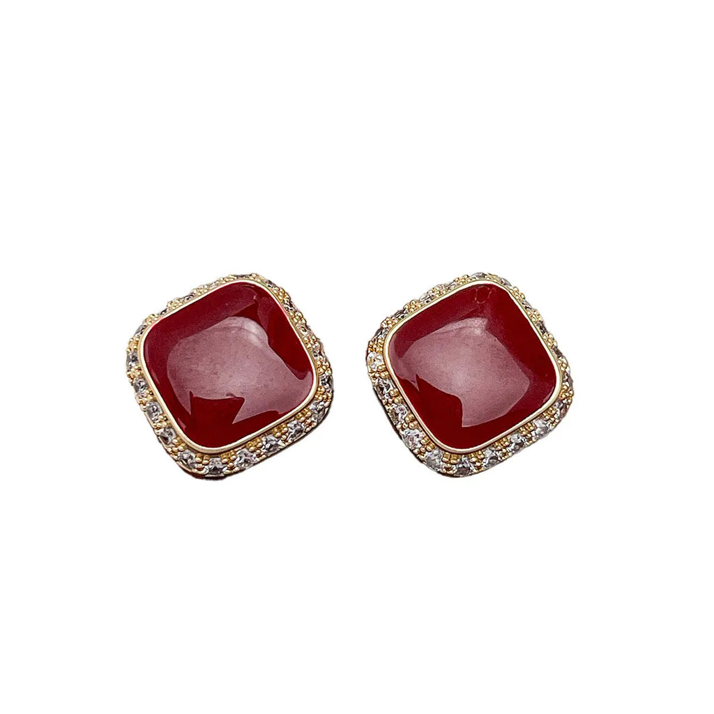 Retro red geometric square earrings with alloy construction and inlaid design