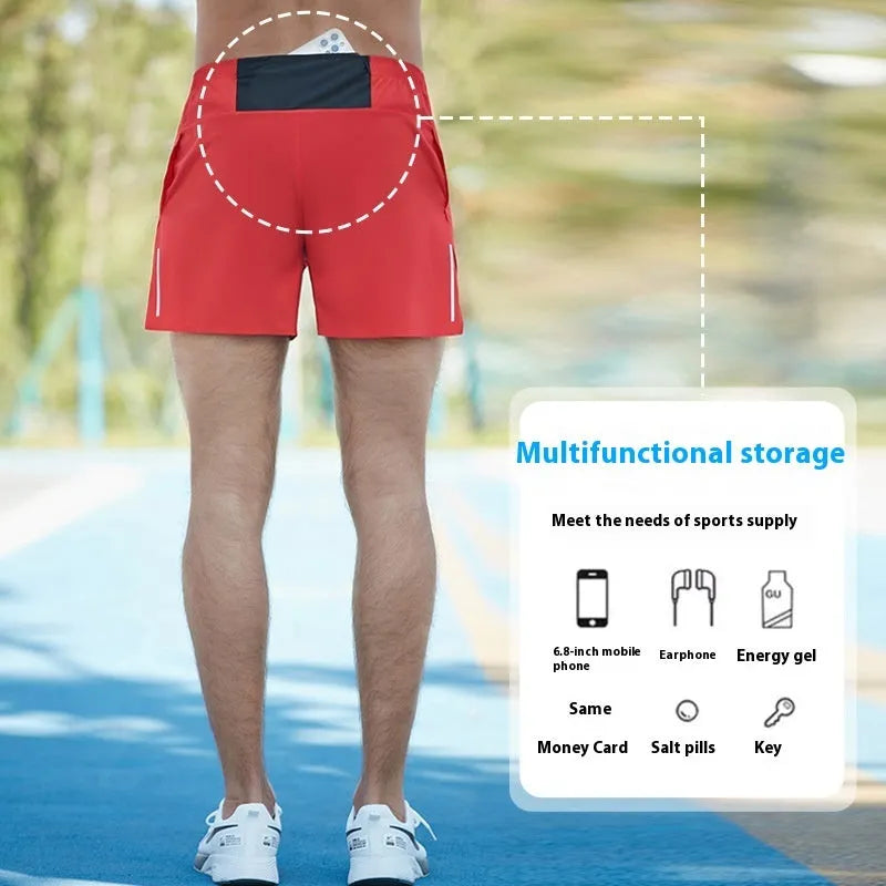 Men's high-waist loose fit off-road running shorts in quick-dry fabric, shown in red, black, navy and grey.