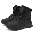 Men's black fleece-lined high-top lace-up work boots with a flat heel and ribbed sole.