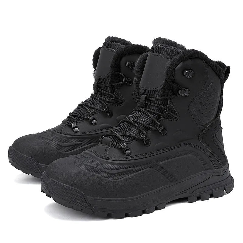 Men's black fleece-lined high-top lace-up work boots with a flat heel and ribbed sole.
