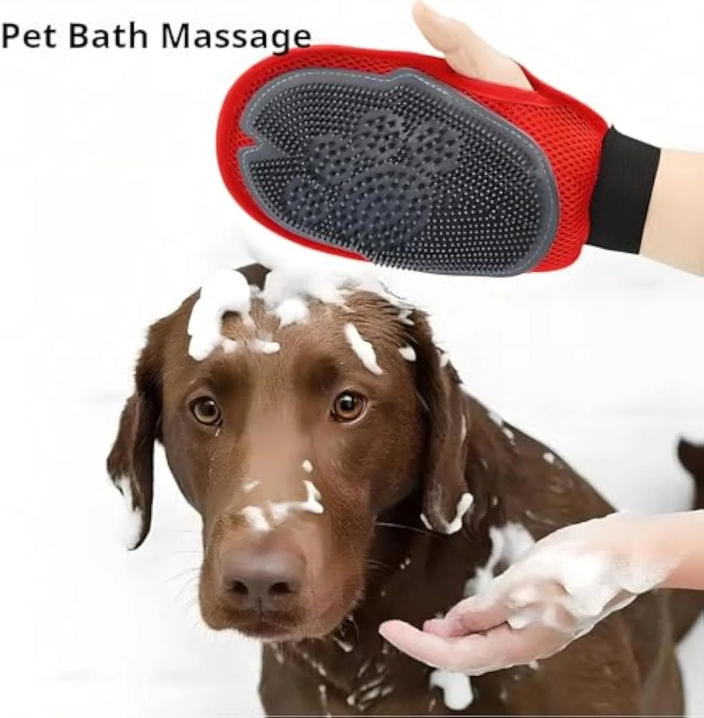 Red pet bathing glove with integrated cleaning brush surface for grooming and washing dogs or cats.