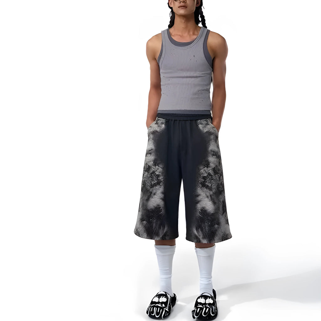 Street trendy printed loose three-piece clothing set showing trousers, hoodie, and seven-inch pants in polyester fabric.